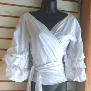 Shirt V Neck w/ Long Tie around Waist & Puffed Sleeve